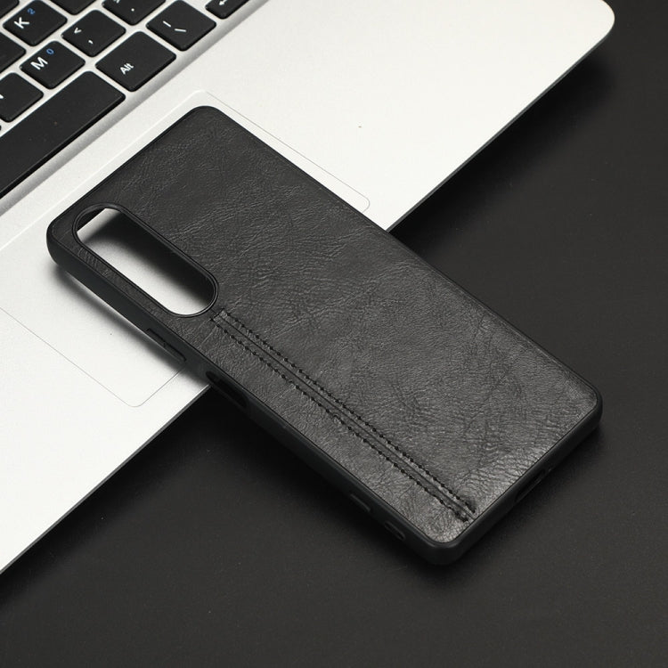 For Sony Xperia 1 V Sewing Cow Pattern Skin PC + PU + TPU Phone Case(Black)