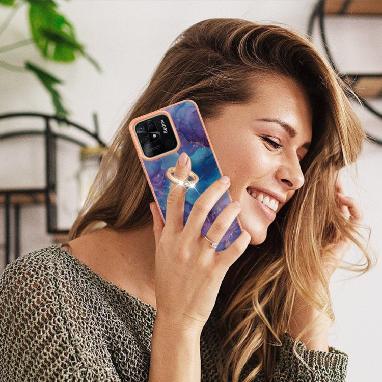 For Xiaomi Redmi 10C Electroplating Marble Dual-side IMD Phone Case with Ring(Purple 016)