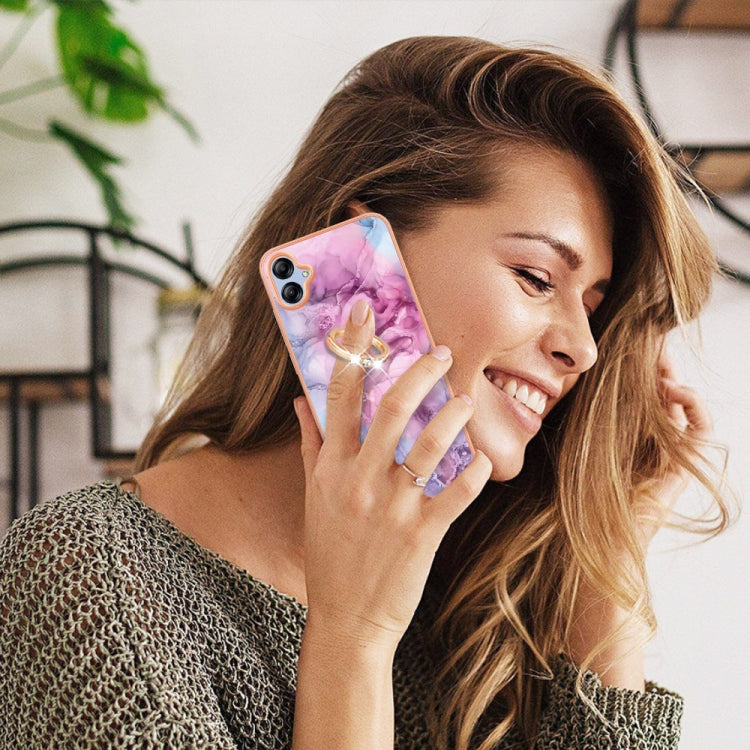 For Samsung Galaxy A04e Electroplating Marble Dual-side IMD Phone Case with Ring(Pink 013)