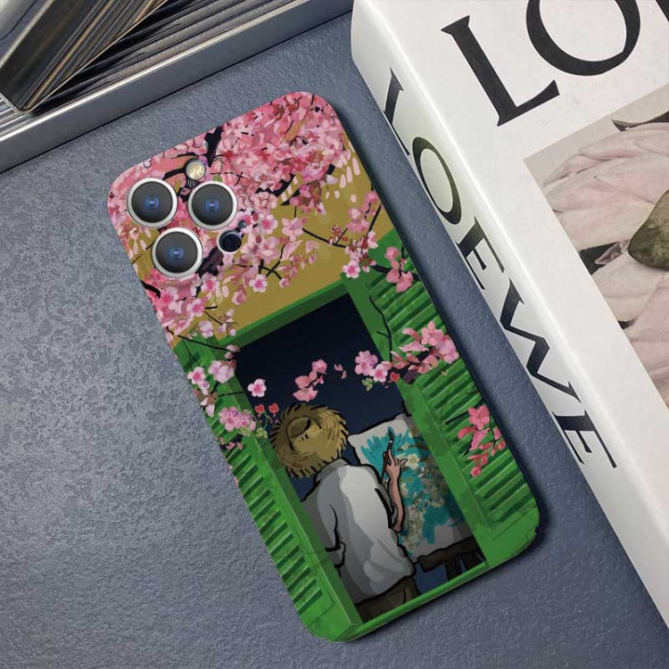 For iPhone 14 Plus Precise Hole Oil Painting Pattern PC Phone Case(Peach Blossom)