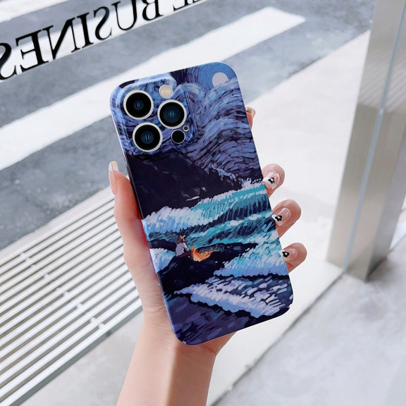 For iPhone 13 Pro Max Precise Hole Oil Painting Pattern PC Phone Case(Sea Wave)