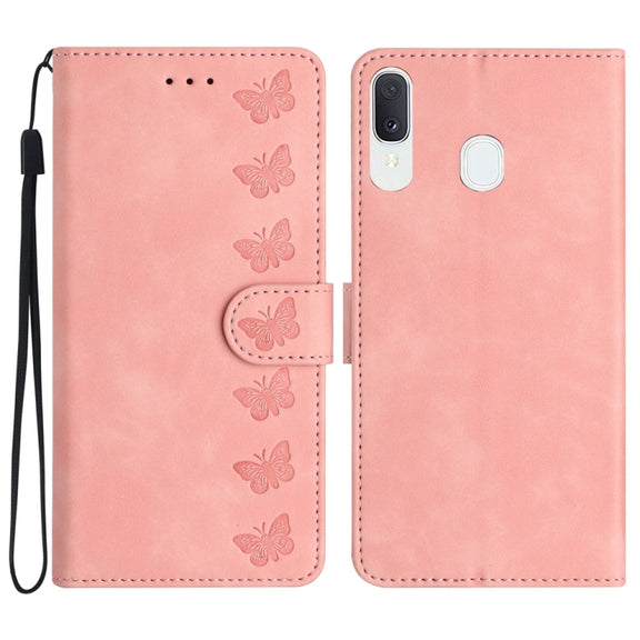 For Samsung Galaxy A20 / A30 Seven Butterflies Embossed Leather Phone Case(Pink)