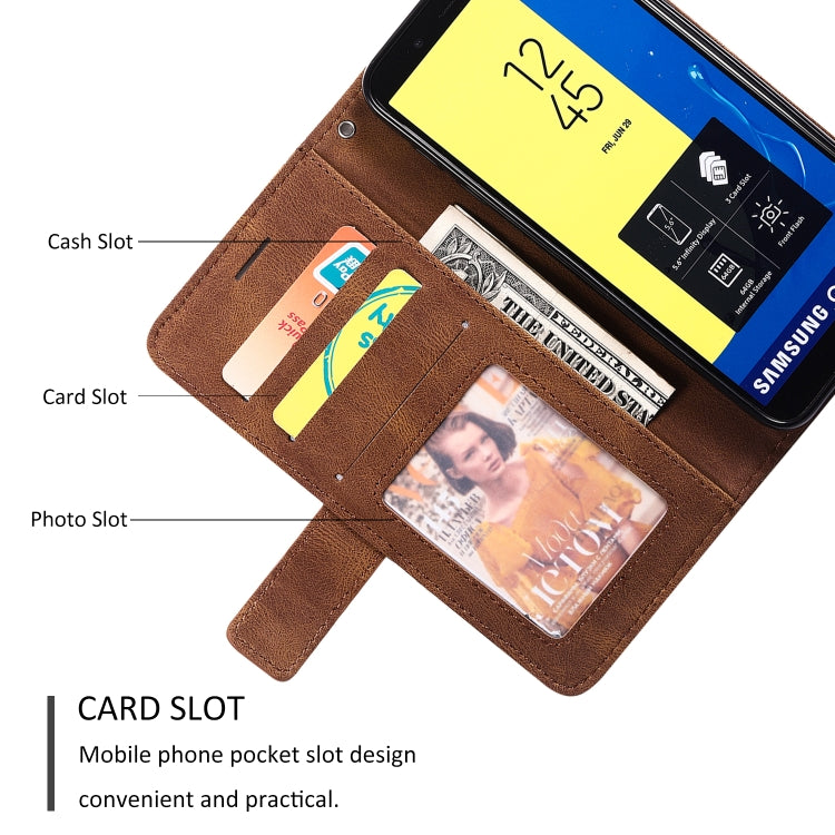 For Samsung Galaxy J6 Skin Feel Splicing Horizontal Flip Leather Case with Holder & Card Slots & Wallet & Photo Frame(Brown)