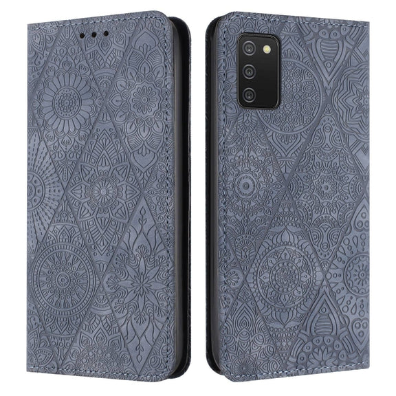 For Samsung Galaxy A02s 166mm Ethnic Embossed Adsorption Leather Phone Case(Grey)