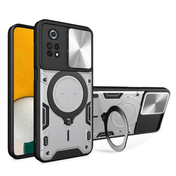 For Xiaomi Poco X4 Pro 5G CD Texture Sliding Camshield Magnetic Holder Phone Case(Silver)