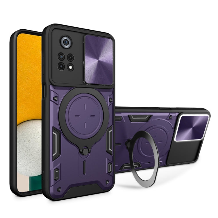 For Xiaomi Poco X4 Pro 5G CD Texture Sliding Camshield Magnetic Holder Phone Case(Purple)