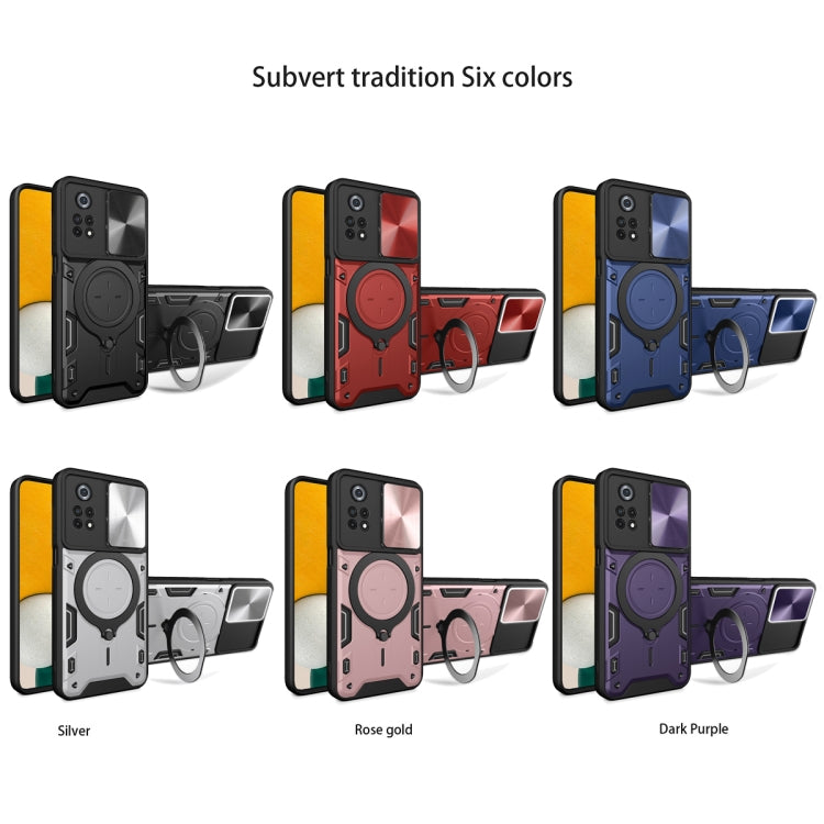 For Xiaomi Poco X4 Pro 5G CD Texture Sliding Camshield Magnetic Holder Phone Case(Purple)