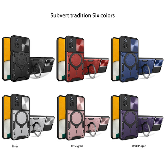 For Xiaomi Poco X4 Pro 5G CD Texture Sliding Camshield Magnetic Holder Phone Case(Purple)