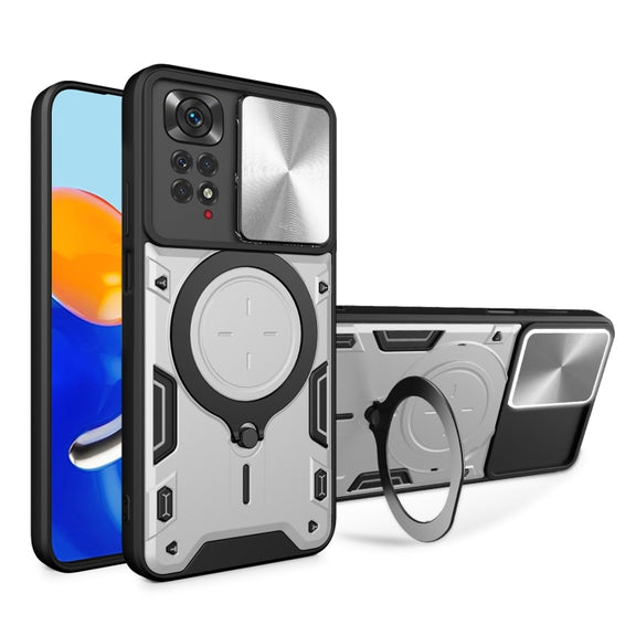 For Xiaomi Redmi Note 11 4G CD Texture Sliding Camshield Magnetic Holder Phone Case(Silver)