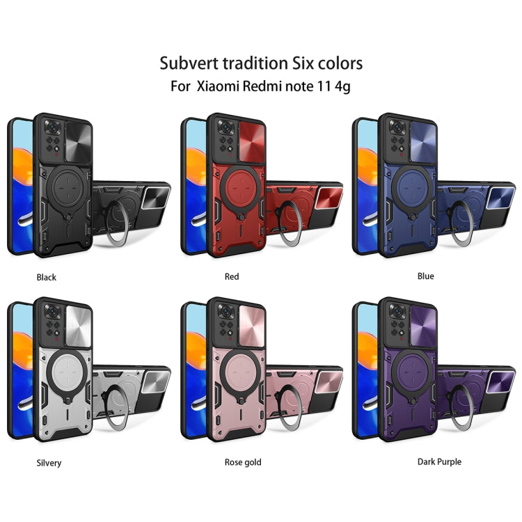 For Xiaomi Redmi Note 11 4G CD Texture Sliding Camshield Magnetic Holder Phone Case(Purple)