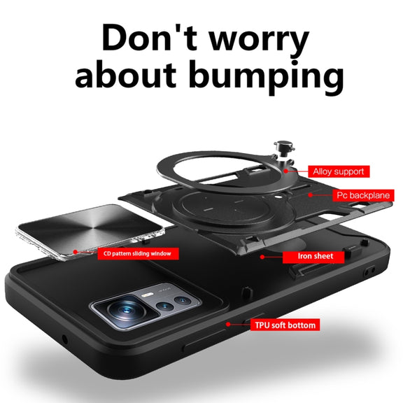 For Xiaomi 12T / 12T Pro CD Texture Sliding Camshield Magnetic Holder Phone Case(Black)