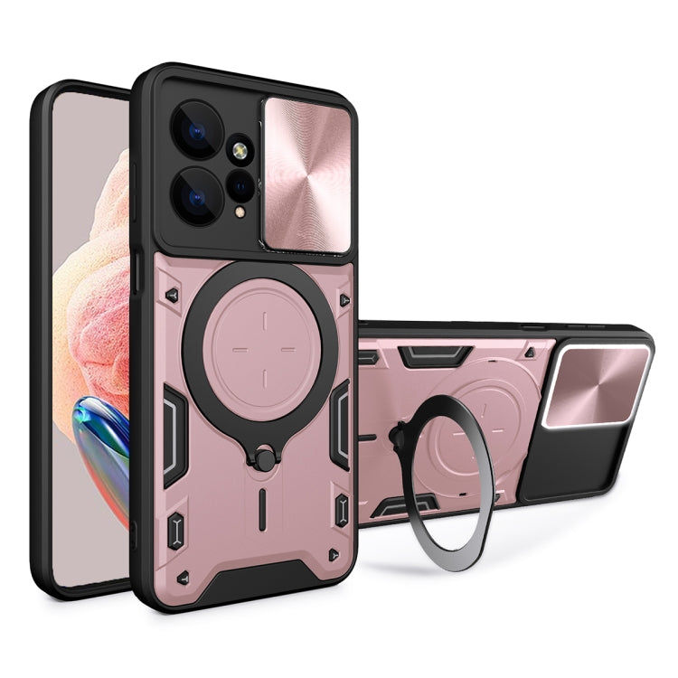 For Xiaomi Redmi Note 12 4G CD Texture Sliding Camshield Magnetic Holder Phone Case(Pink)