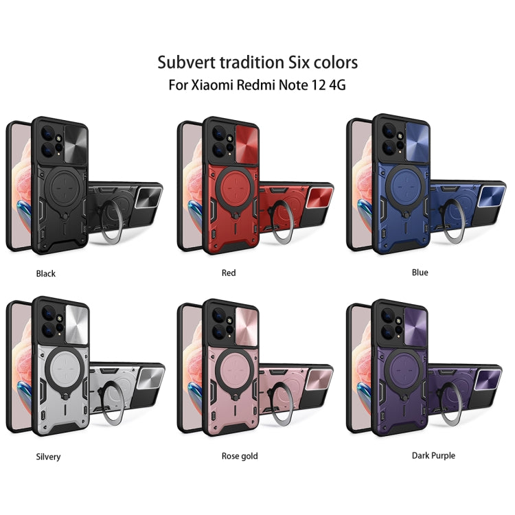 For Xiaomi Redmi Note 12 4G CD Texture Sliding Camshield Magnetic Holder Phone Case(Pink)
