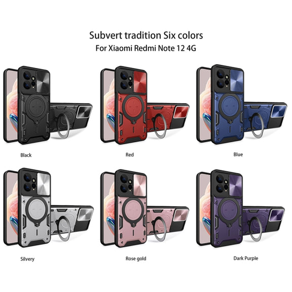 For Xiaomi Redmi Note 12 4G CD Texture Sliding Camshield Magnetic Holder Phone Case(Purple)