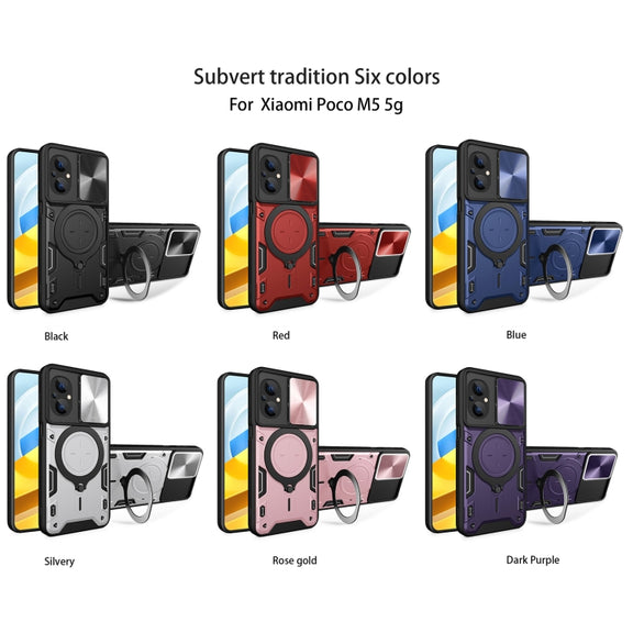 For Xiaomi Poco M5 5G CD Texture Sliding Camshield Magnetic Holder Phone Case(Purple)