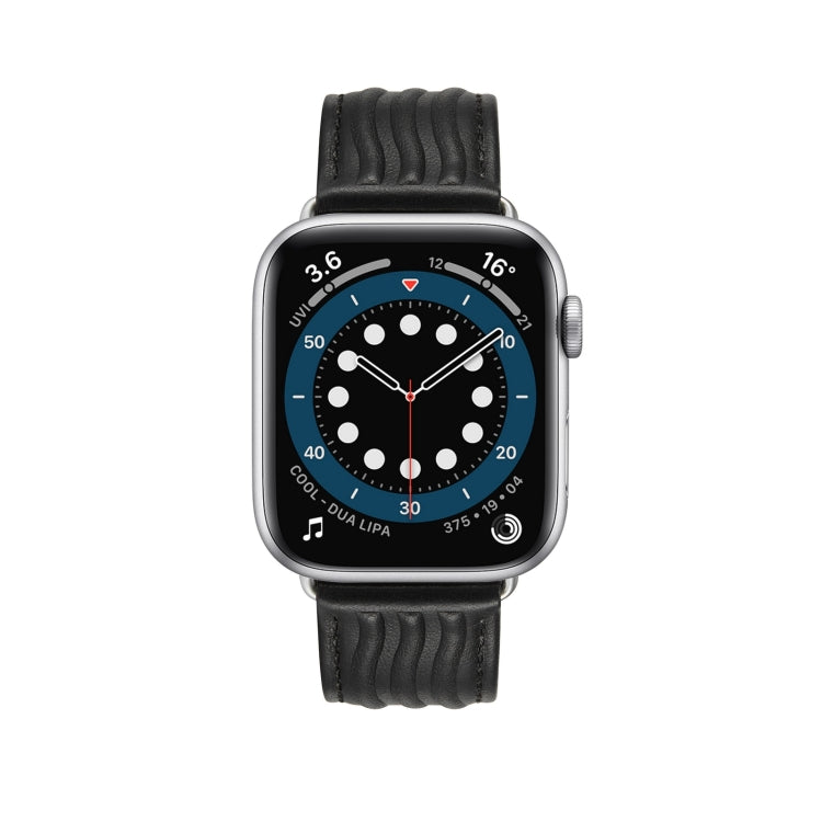 Embossed Line Genuine Leather Watch Band For Apple Watch 8 45mm(Black)