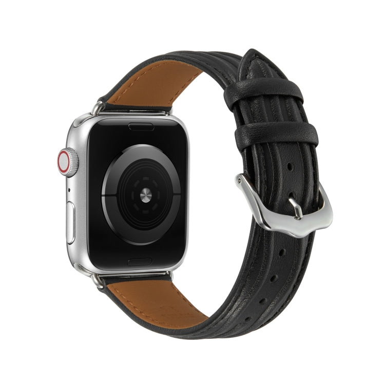 Embossed Line Genuine Leather Watch Band For Apple Watch 8 45mm(Black)