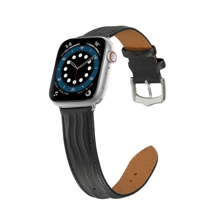 Embossed Line Genuine Leather Watch Band For Apple Watch 8 45mm(Black)