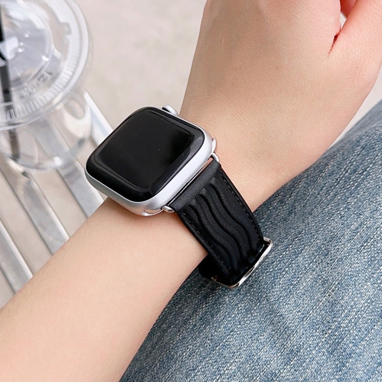 Embossed Line Genuine Leather Watch Band For Apple Watch 8 45mm(Black)