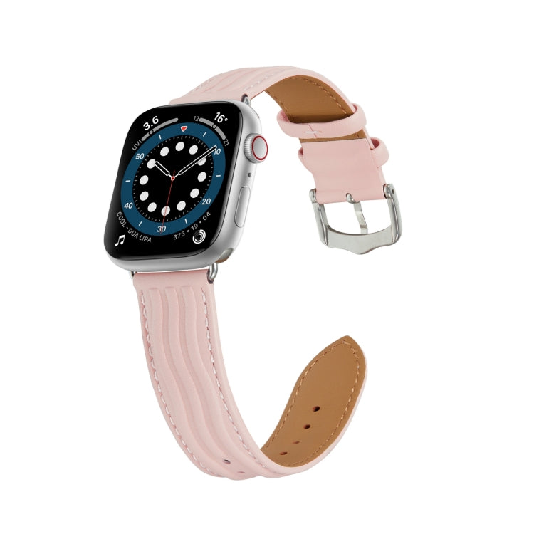 Embossed Line Genuine Leather Watch Band For Apple Watch 7 45mm(Pink)