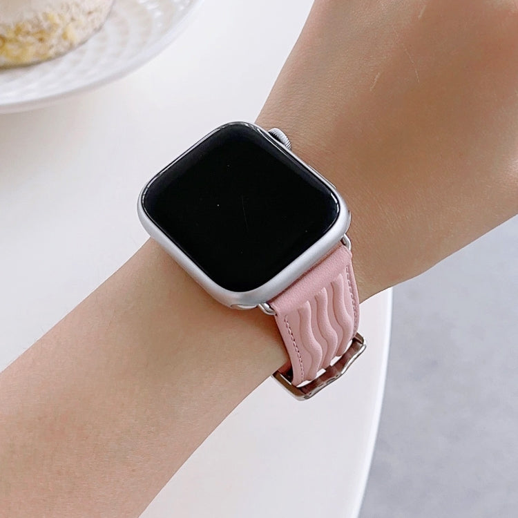 Embossed Line Genuine Leather Watch Band For Apple Watch 7 45mm(Pink)