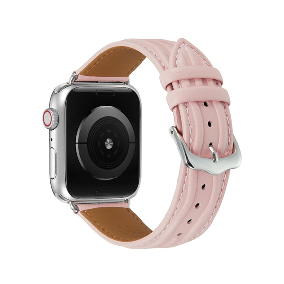 Embossed Line Genuine Leather Watch Band For Apple Watch 4 44mm(Pink)