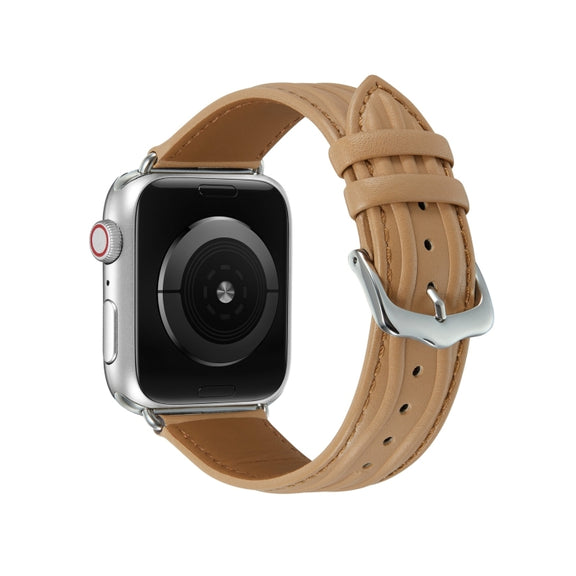 Embossed Line Genuine Leather Watch Band For Apple Watch SE 2023 44mm(Khaki)