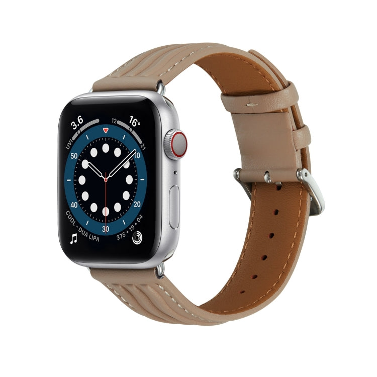 Embossed Line Genuine Leather Watch Band For Apple Watch 9 41mm(Milky Brown)