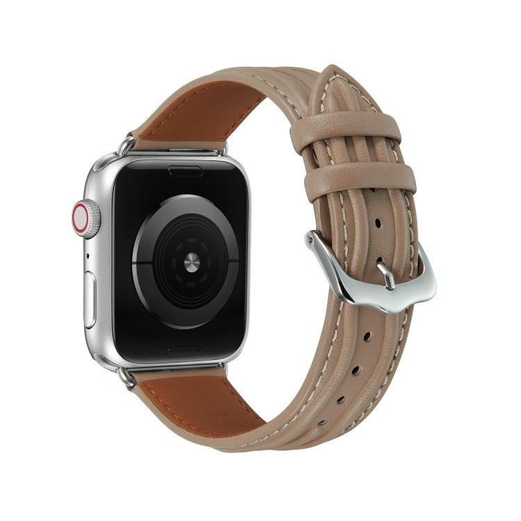 Embossed Line Genuine Leather Watch Band For Apple Watch 9 41mm(Milky Brown)