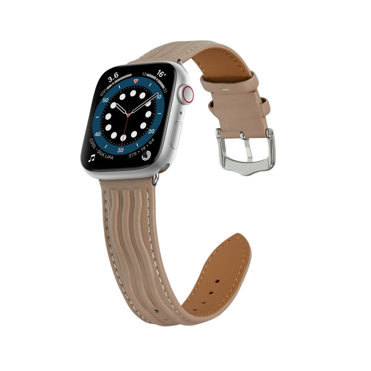 Embossed Line Genuine Leather Watch Band For Apple Watch 9 41mm(Milky Brown)
