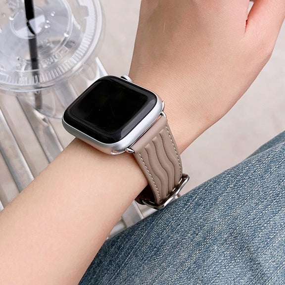 Embossed Line Genuine Leather Watch Band For Apple Watch 9 41mm(Milky Brown)