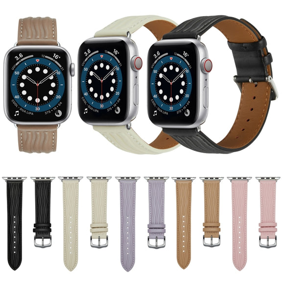 Embossed Line Genuine Leather Watch Band For Apple Watch 42mm(Khaki)