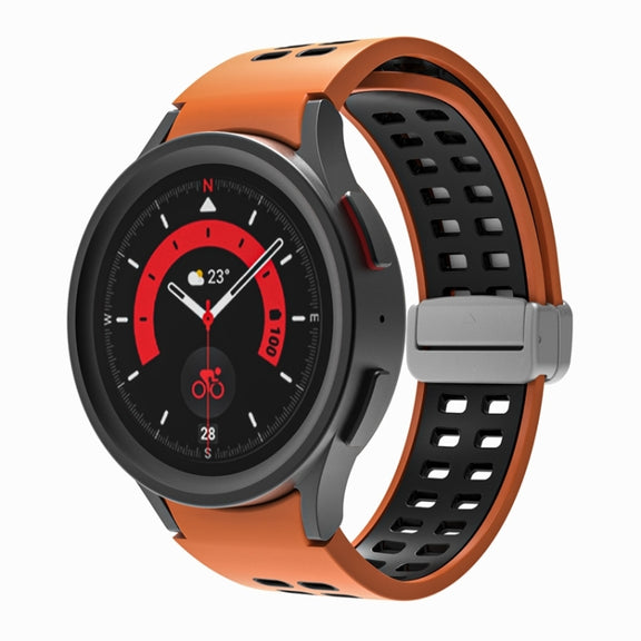 For Samsung Galaxy Watch5 Double-row Hole Folding Buckle Silicone Watch Band(Orange Black)