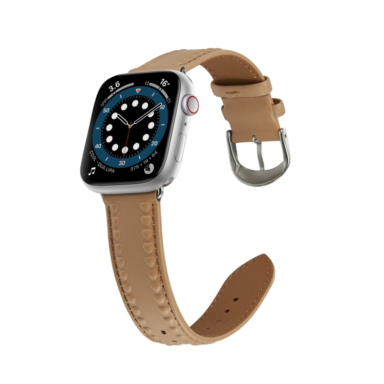 Embossed Love Genuine Leather Watch Band For Apple Watch 6 40mm(Khaki)