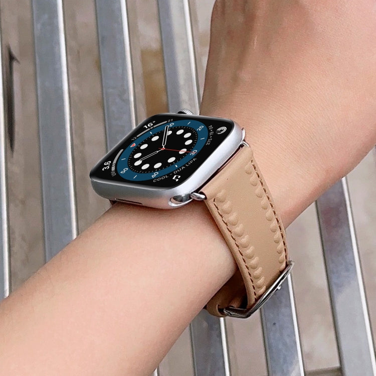 Embossed Love Genuine Leather Watch Band For Apple Watch 6 40mm(Khaki)