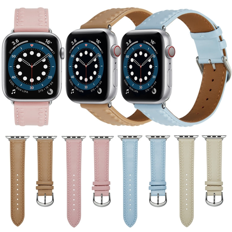 Embossed Love Genuine Leather Watch Band For Apple Watch 6 40mm(Khaki)