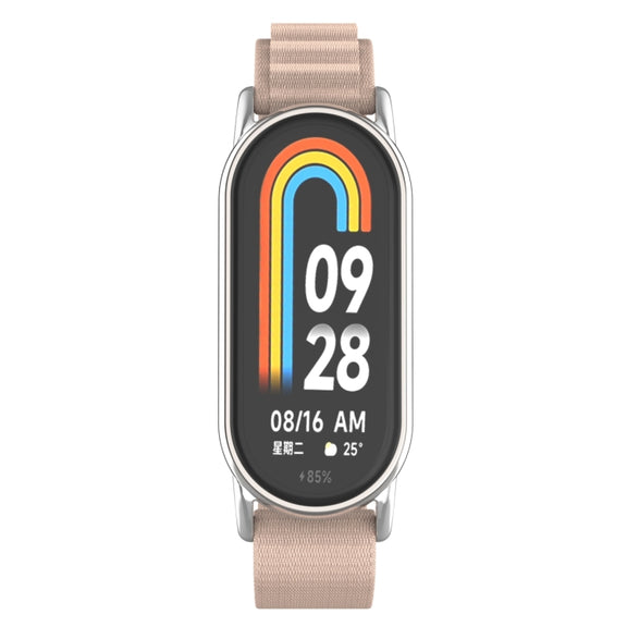 For Xiaomi Mi Band 8 Metal Plug Loop Nylon Watch Band(Silver+Apricot)