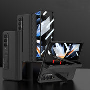 For Samsung Galaxy Z Fold4 GKK Integrated Fold Hinge Leather Phone Case with Holder(Carbon Fibre Black)