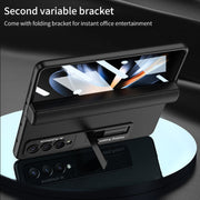For Samsung Galaxy Z Fold4 GKK Integrated Fold Hinge Leather Phone Case with Holder(Carbon Fibre Black)