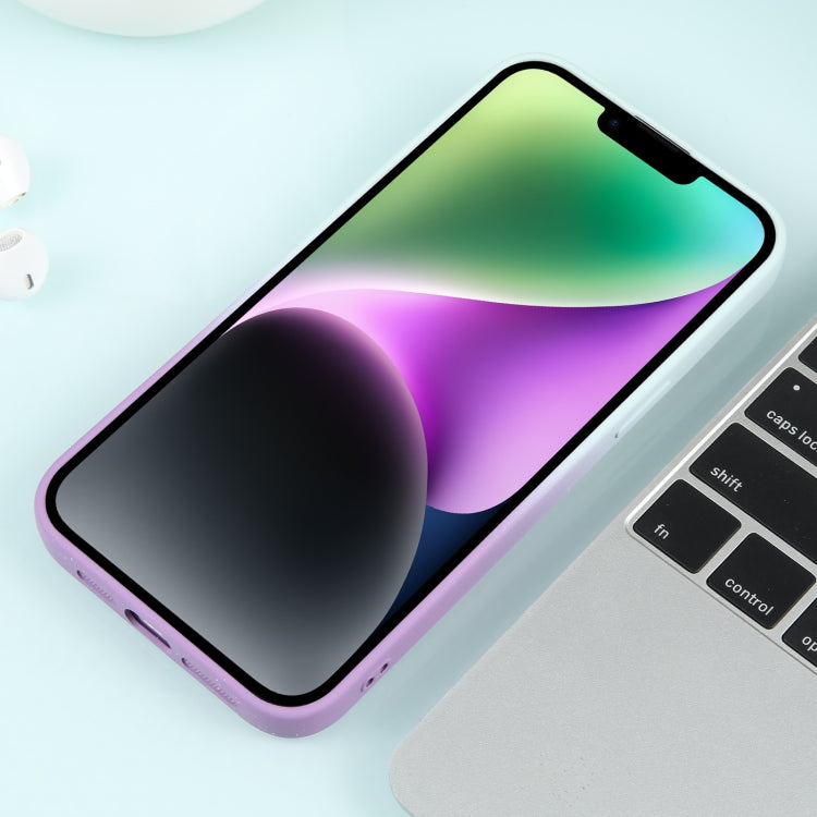 For iPhone 14 Plus Gradient Starry Silicone Phone Case with Lens Film(White Purple)