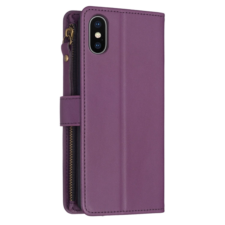 For iPhone XS / X 9 Card Slots Zipper Wallet Leather Flip Phone Case(Dark Purple)