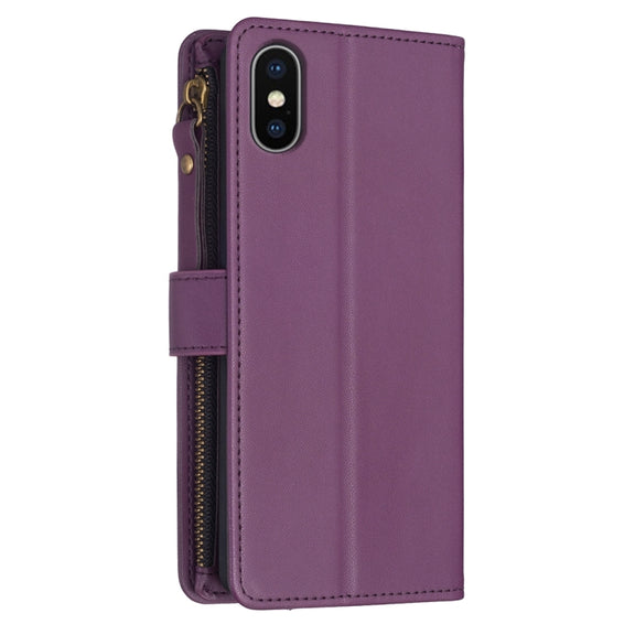 For iPhone XS / X 9 Card Slots Zipper Wallet Leather Flip Phone Case(Dark Purple)