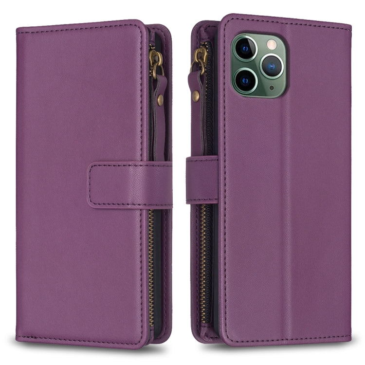 For iPhone 11 Pro 9 Card Slots Zipper Wallet Leather Flip Phone Case(Dark Purple)
