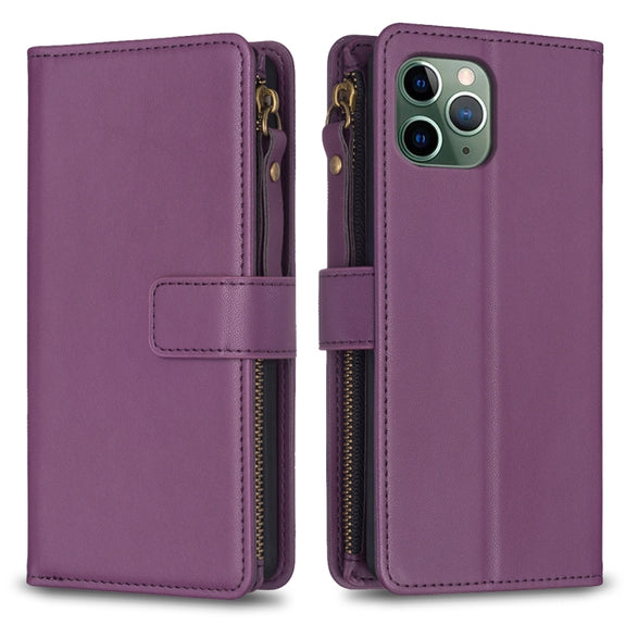 For iPhone 11 Pro 9 Card Slots Zipper Wallet Leather Flip Phone Case(Dark Purple)