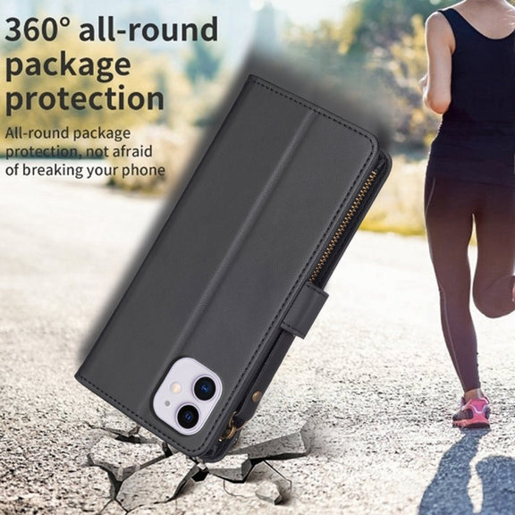 For iPhone 11 9 Card Slots Zipper Wallet Leather Flip Phone Case(Black)
