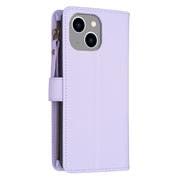 For iPhone 14 / 13 9 Card Slots Zipper Wallet Leather Flip Phone Case(Light Purple)