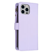 For iPhone 13 Pro Max 9 Card Slots Zipper Wallet Leather Flip Phone Case(Light Purple)