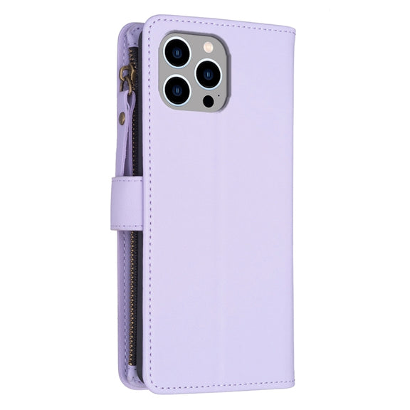 For iPhone 13 Pro Max 9 Card Slots Zipper Wallet Leather Flip Phone Case(Light Purple)