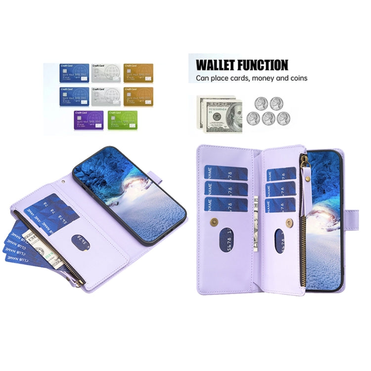For iPhone 13 Pro Max 9 Card Slots Zipper Wallet Leather Flip Phone Case(Light Purple)