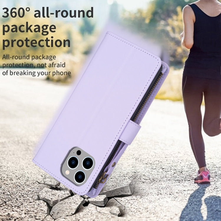 For iPhone 13 Pro Max 9 Card Slots Zipper Wallet Leather Flip Phone Case(Light Purple)